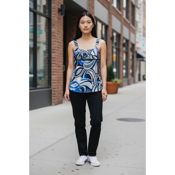 Y2K Black & Blue Abstract Sweetheart Milkmaid Sleeveless Top - Picture 1 of 12